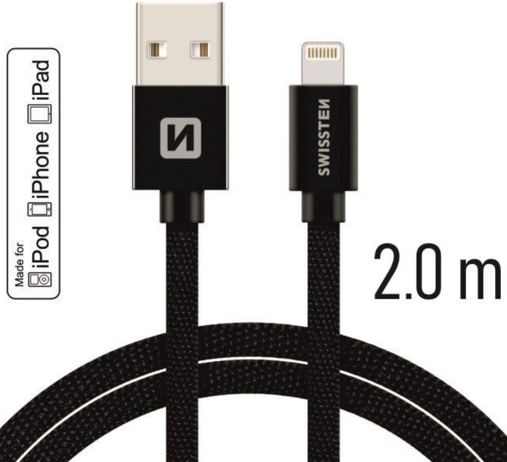 „Swissten MFI Textile Fast Charge 3A Lightning“ duomenų ir įkrovimo laidas, 2,0 m