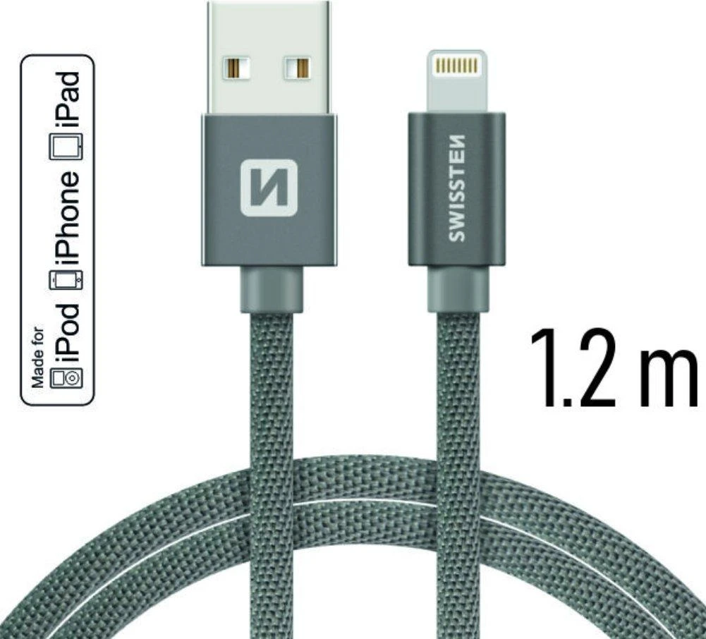 Swissten MFI Textile Fast Charge 3A Lightning Data ir 1,2m įkrovimo laidas