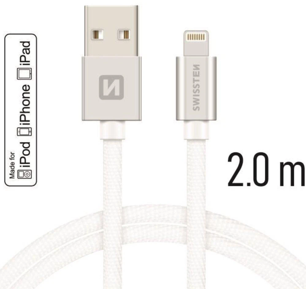 „Swissten MFI Textile Fast Charge 3A Lightning“ duomenų ir įkrovimo laidas, 2 m