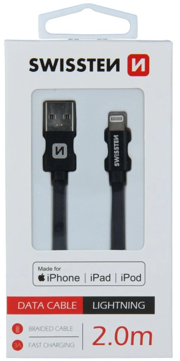 „Swissten MFI Textile Fast Charge 3A Lightning“ duomenų ir įkrovimo laidas, 2,0 m