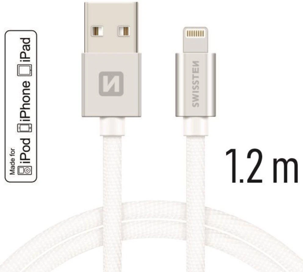 Swissten MFI Textile Fast Charge 3A Lightning Data ir 1,2m įkrovimo laidas