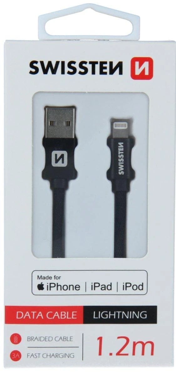 Swissten MFI Textile Fast Charge 3A Lightning Data ir 1,2m įkrovimo laidas
