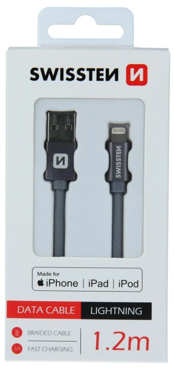 Swissten MFI Textile Fast Charge 3A Lightning Data ir 1,2m įkrovimo laidas