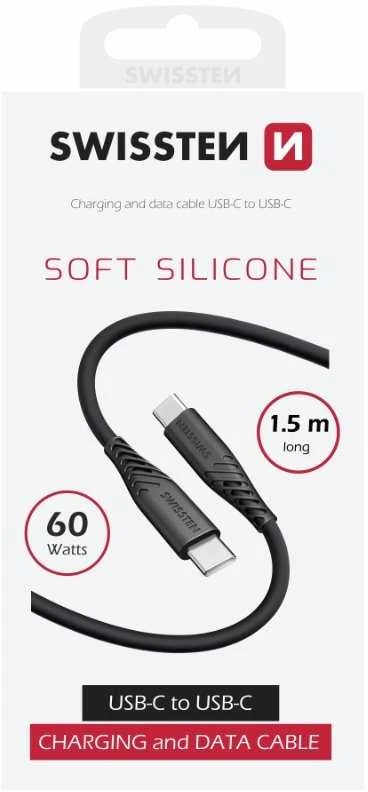 Swissten minkštas silikoninis 60 W duomenų kabelis USB-C – USB-C 1,5 m