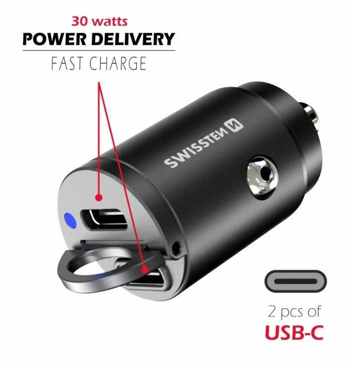 Swissten nano automobilinis įkroviklis, 2x USB-C jungtys