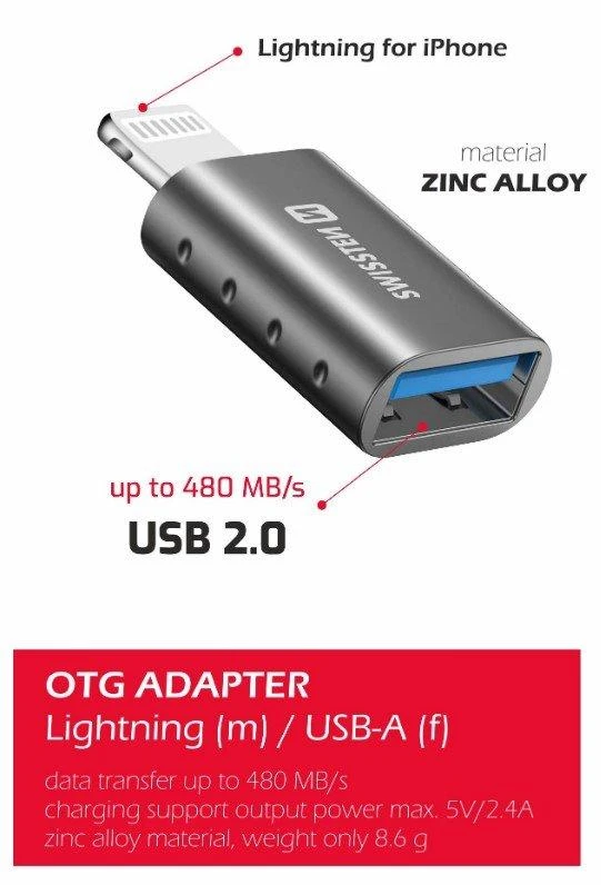 Swissten Lightning į USB OTG adapteris su techniniais parametrais