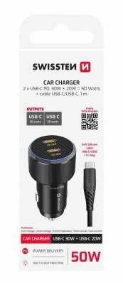 Įkroviklis Swissten PD 2x USB-C automobilinis įkroviklis 50W su USB-C - USB-C laidas 1m