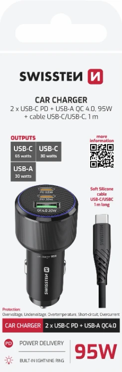 Įkroviklis Swissten PD 2x USB-C / USB automobilinis įkroviklis 95W su USB-C - USB-C laidas 1m