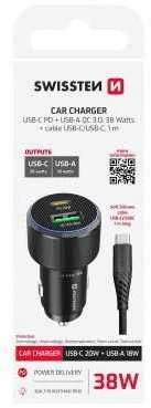„Swissten PD USB-C“ / USB automobilinis įkroviklis 38 W su USB-C - USB-C laidas 1 m
