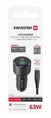 Įkroviklis Swissten PD USB-C / USB automobilinis įkroviklis 63W su USB-C - USB-C laidu 1m