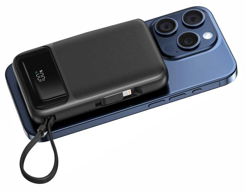 Swissten Power Bank 10000 mAh 20W su įmontuotais USB-C ir Lightning laidais (suderinamas su MagSafe)