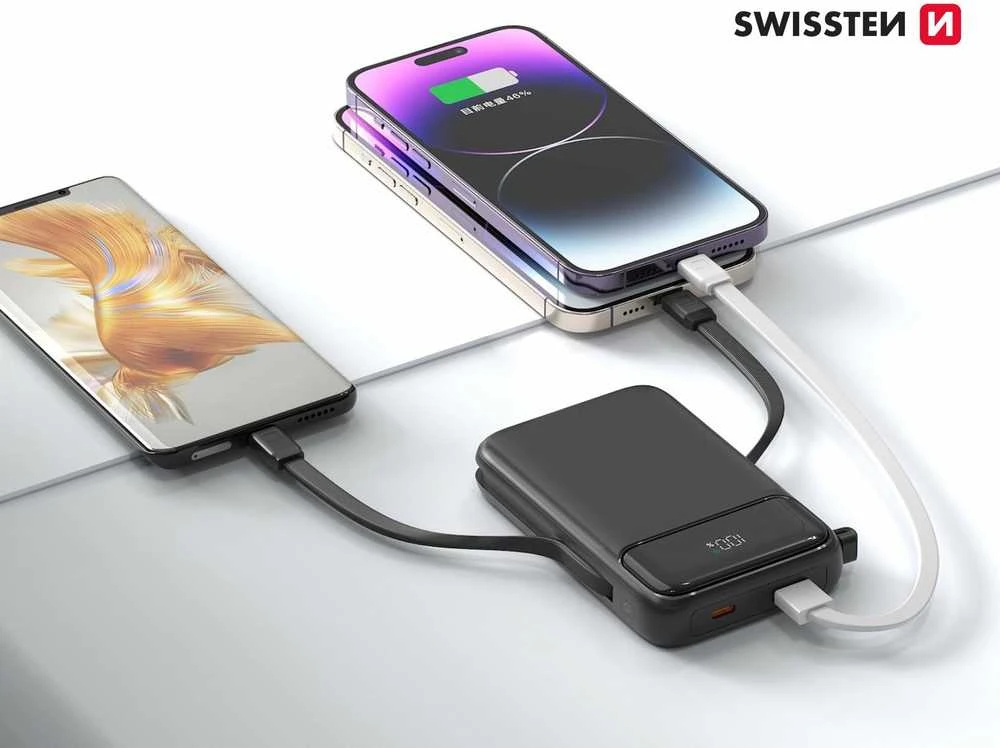 Swissten Power Bank 10000 mAh 20W su įmontuotais USB-C ir Lightning laidais (suderinamas su MagSafe)