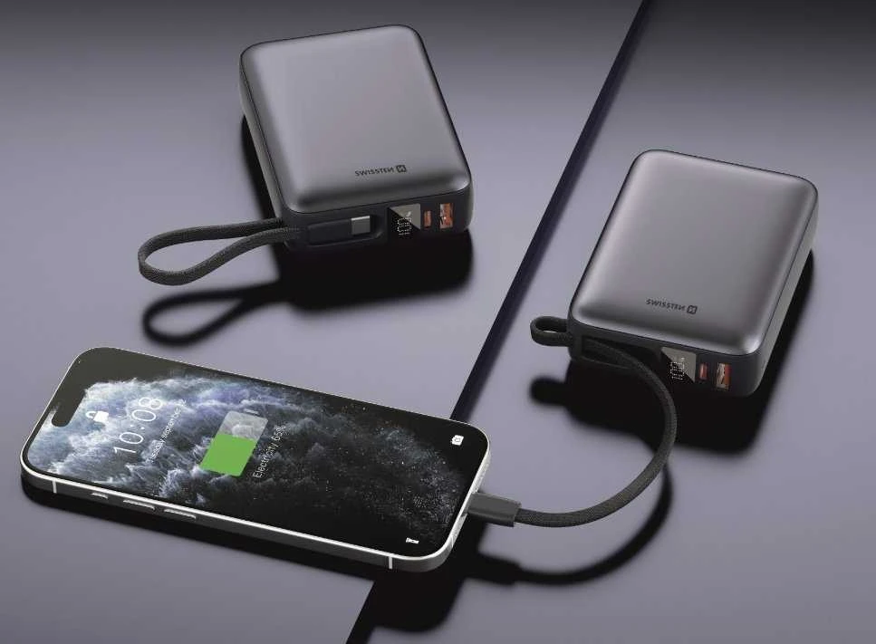 „Swissten“ išorinė baterija 20000 mAh 45 W su integruotu USB-C laidu
