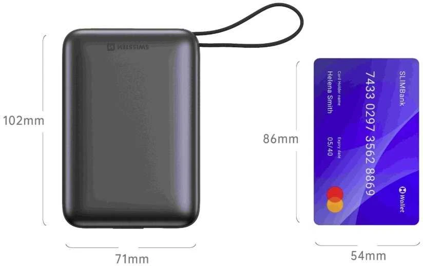 „Swissten“ išorinė baterija 20000 mAh su integruotais USB-C ir „Lightning“ laidais