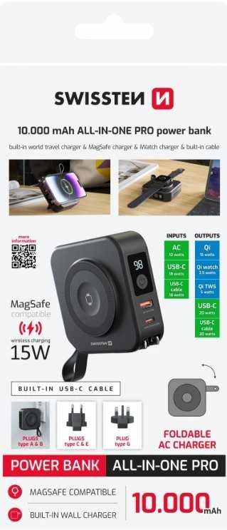 „Swissten“ išorinė baterija „ALL-IN-ONE PRO“ su keičiamais kištukais (JAV / ES / JK), 20 W, 10000 mAh