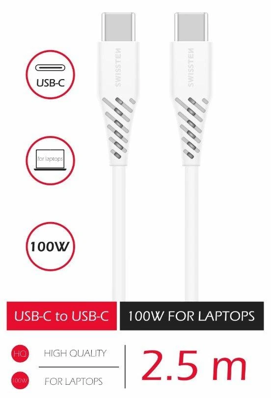 BBC Duomenų kabelis SWISSTEN TPE USB-C/USB-C (PD) 5A (100W) 2,5 m, baltas