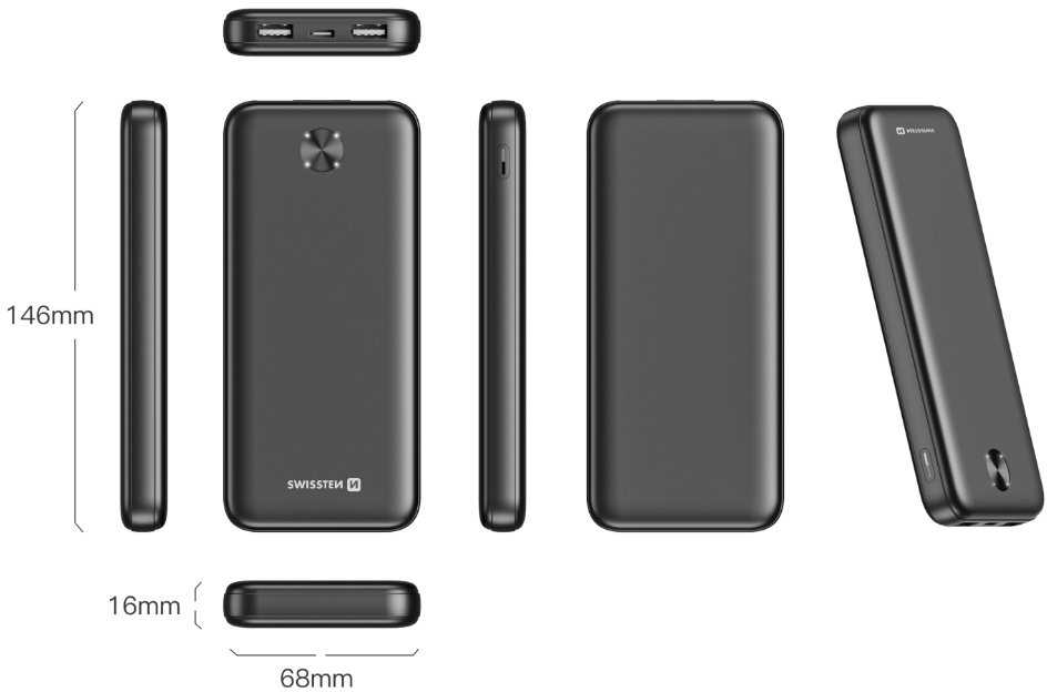SWISSTEN, Nešiojamoji baterija, POWER LINE II, Li-Pol, 5/9/12V, telefonams ir kitiems įrenginiams įkrauti, 22013948, 30000mAh, juoda