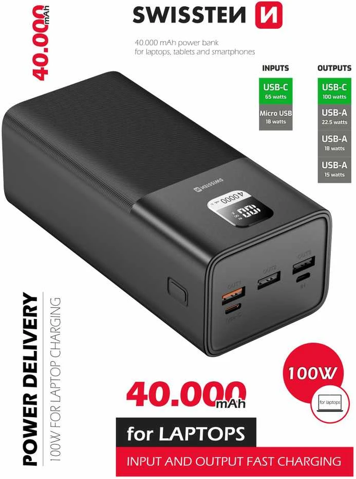 Išorinė baterija Swissten Power Line 40000mAh, juoda