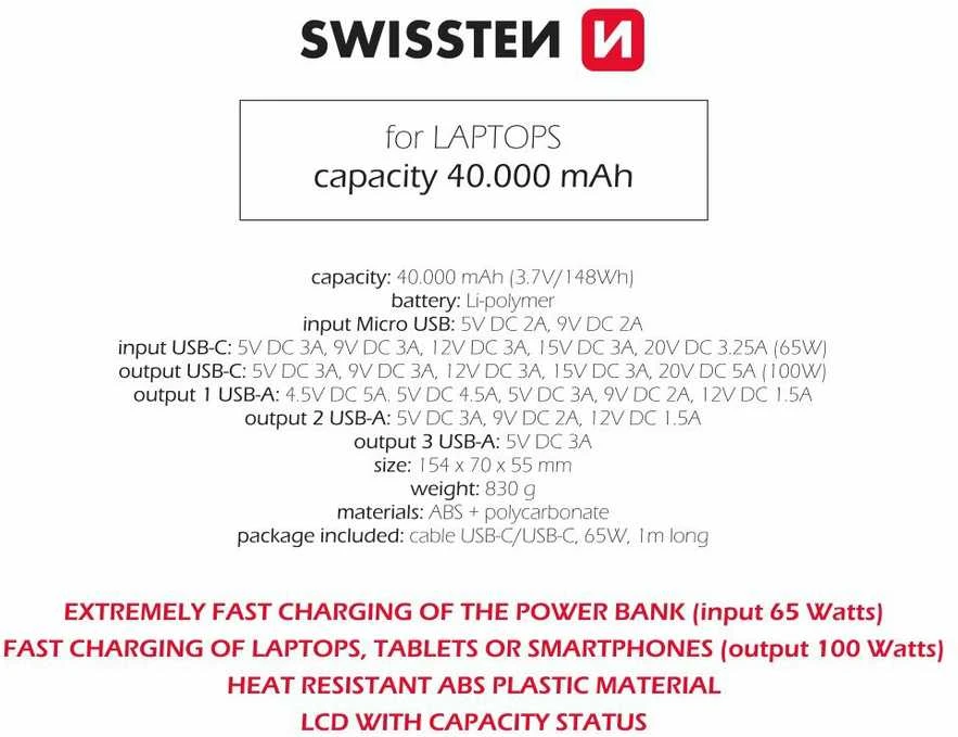 Išorinė baterija Swissten Power Line 40000mAh, juoda