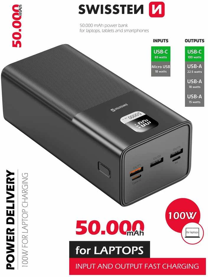 Swissten Power Line 50000 mAh 100W Power Delivery juoda