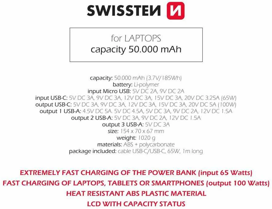 Swissten Power Line 50000 mAh 100W Power Delivery juoda