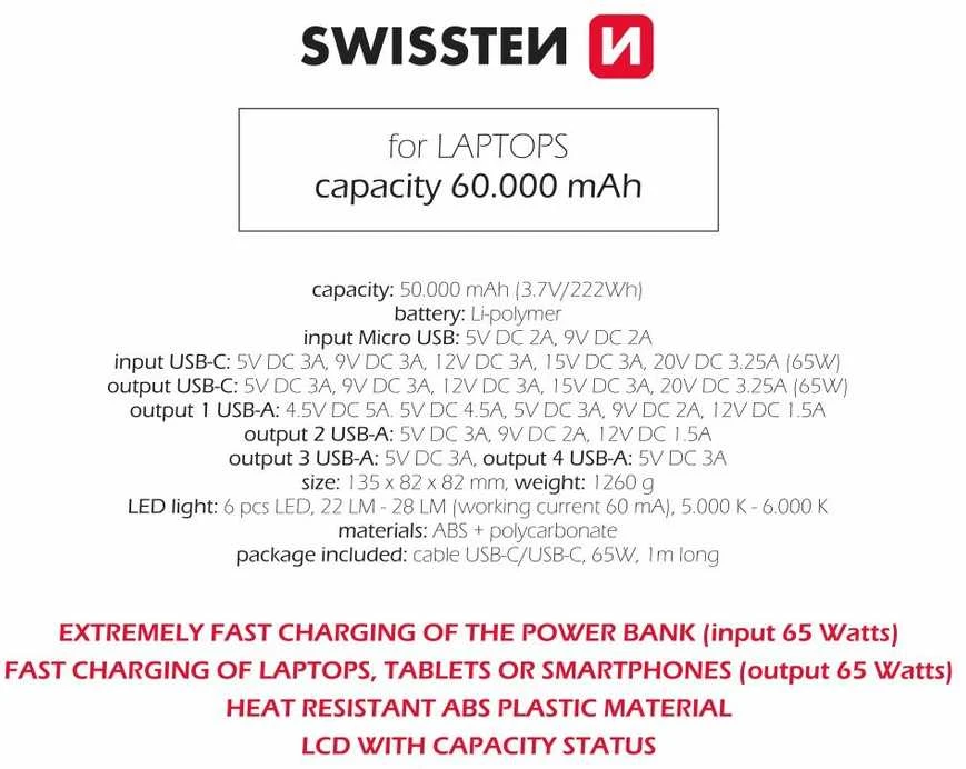 Sourcing „Powerbank“ šaltinis „Swissten Power Line Power Bank“ išorinis įkrovimo akumuliatorius 60 000 mAh / 65 W