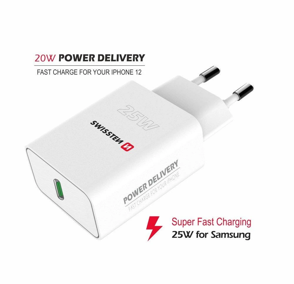 Swissten USB-C įkroviklis 25W su krovimo informacija