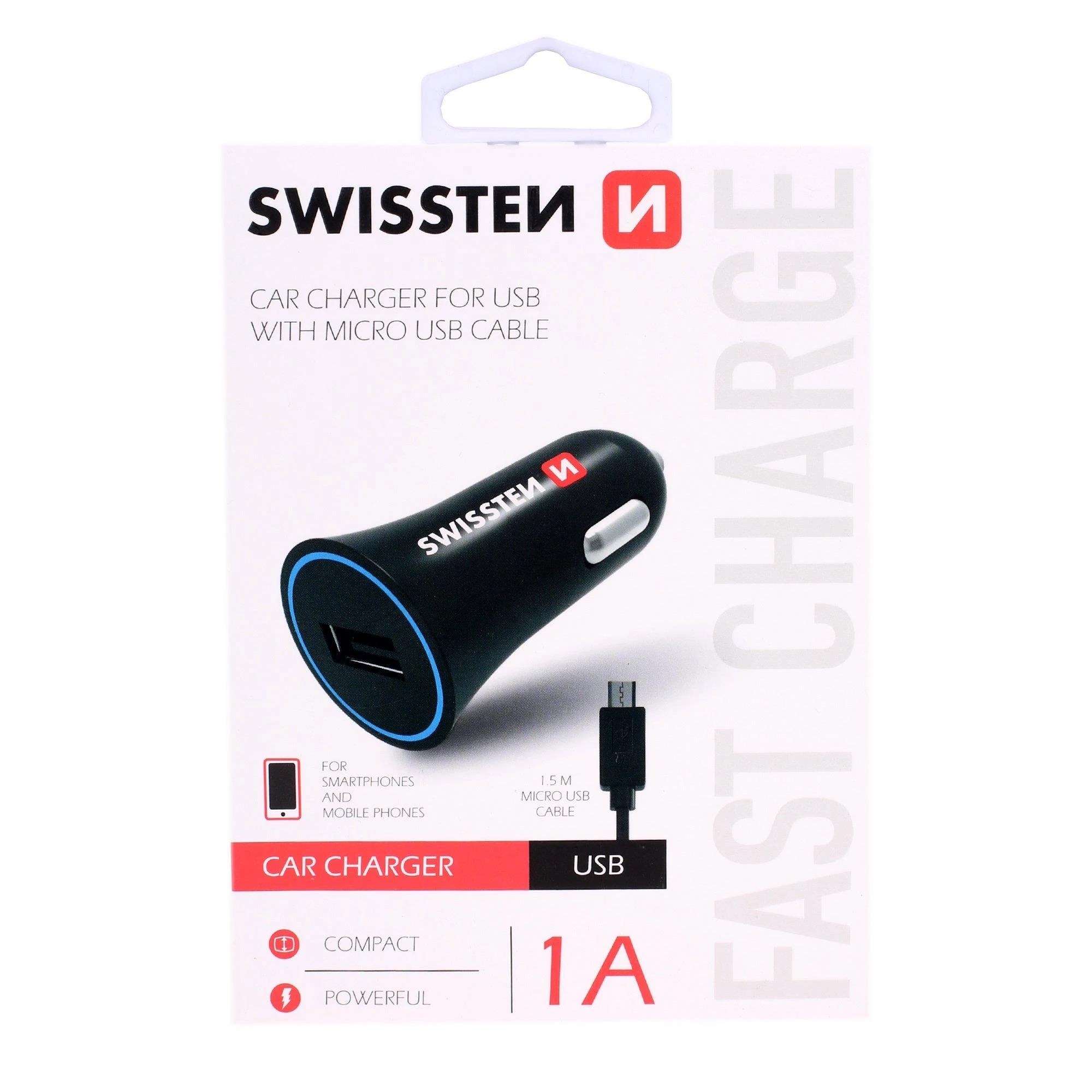 Įkroviklis SWISSTEN automobilinis 5W, 1 prievadas, USB-A, microUSB laidas