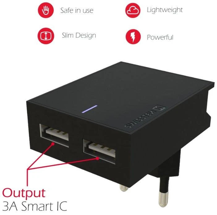 Įkroviklis Swissten 2x USB-A 3 A (22042000)