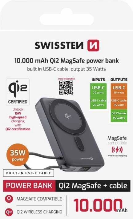 „Swissten Qi2 MagSafe“ išorinė baterija, 15 W, su integruotu USB-C laidu, 10000 mAh