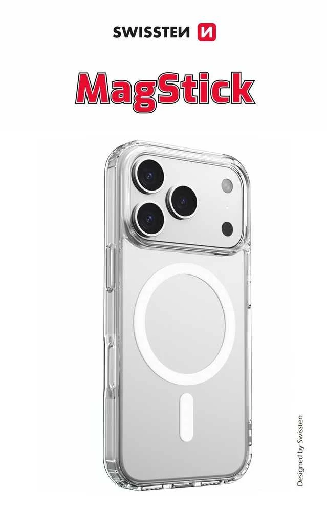 Swissten skaidrus želė „MagStick“ dėklas, skirtas „Apple iPhone 17 Pro Max“.