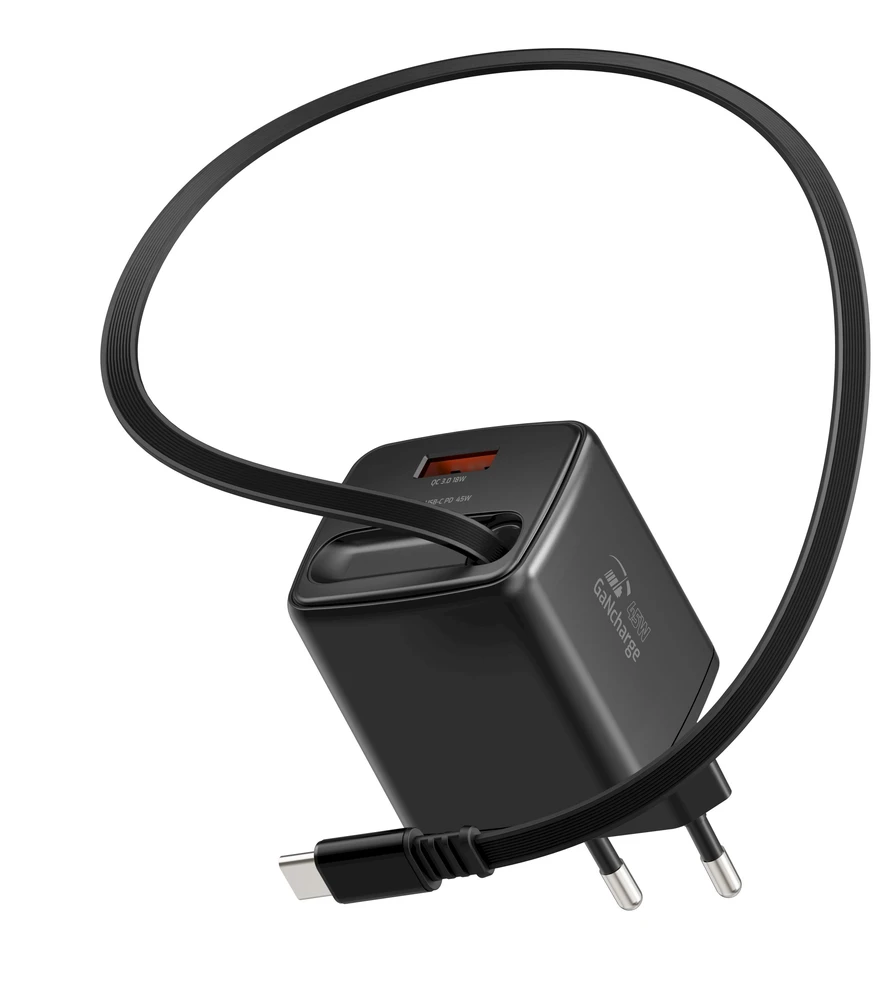 Įkroviklis Swissten SWISSTEN Adapteris sieciowy SlideCHARGE GaN 45W, 1 port, su kablem USB-C