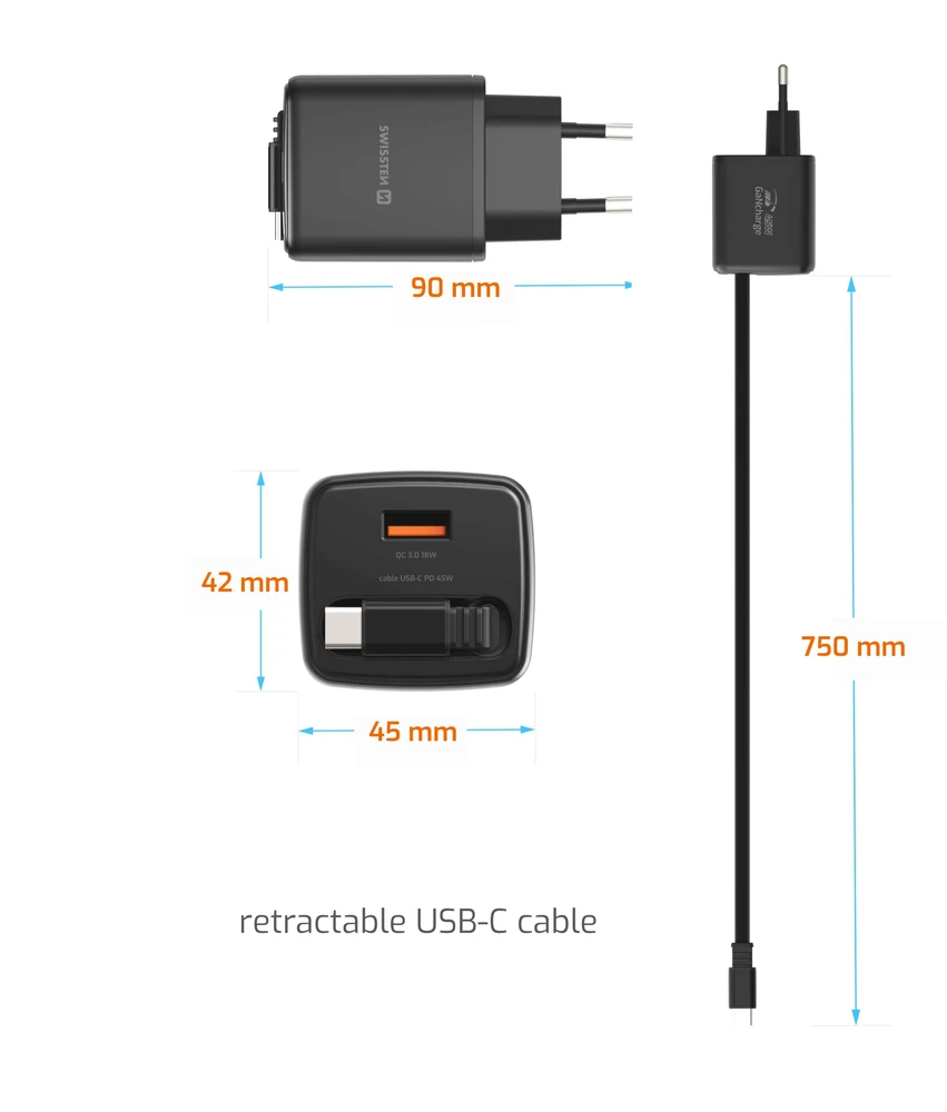 Įkroviklis Swissten SWISSTEN Adapteris sieciowy SlideCHARGE GaN 45W, 1 port, su kablem USB-C