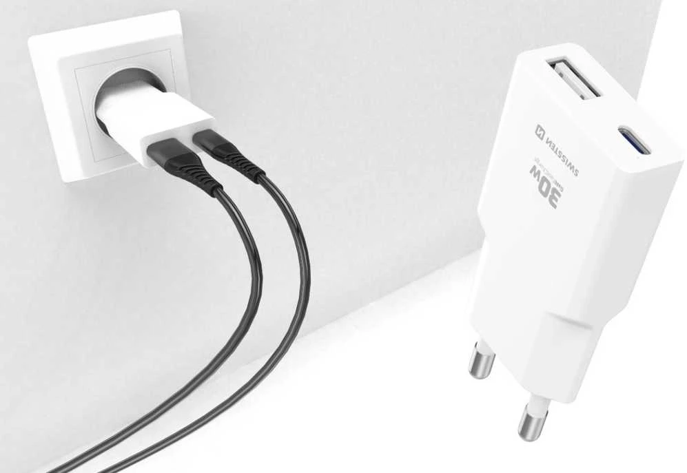 Swissten Plonas kelioninis GaN USB-C / USB įkroviklis 30 W