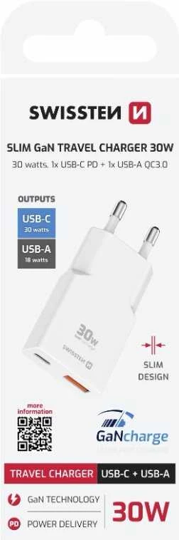Swissten Plonas kelioninis GaN USB-C / USB įkroviklis 30 W