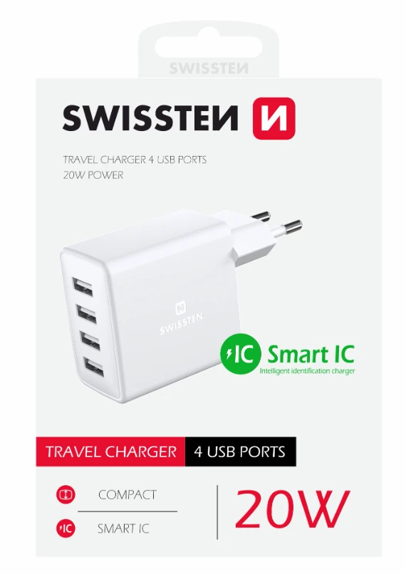 Swissten Smart IC Premium kelioninis įkroviklis 4 x USB 4A / 20W su automatiniu optimalaus maitinimo įkrovimu