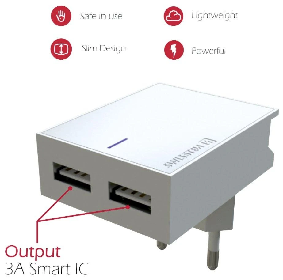 Įkroviklis Swissten 2x USB-A 3 A (22041000)