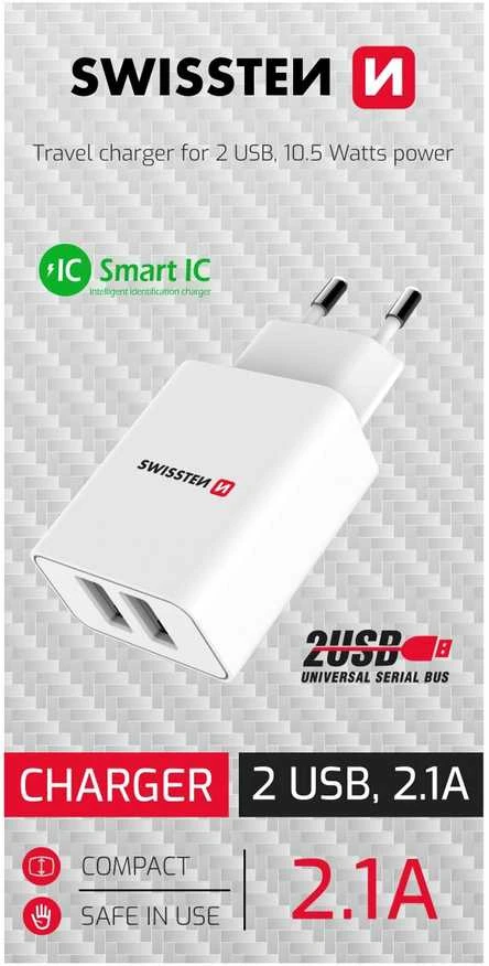 SWISSTEN síťový adaptér Smart IC 2x USB-A bílá
