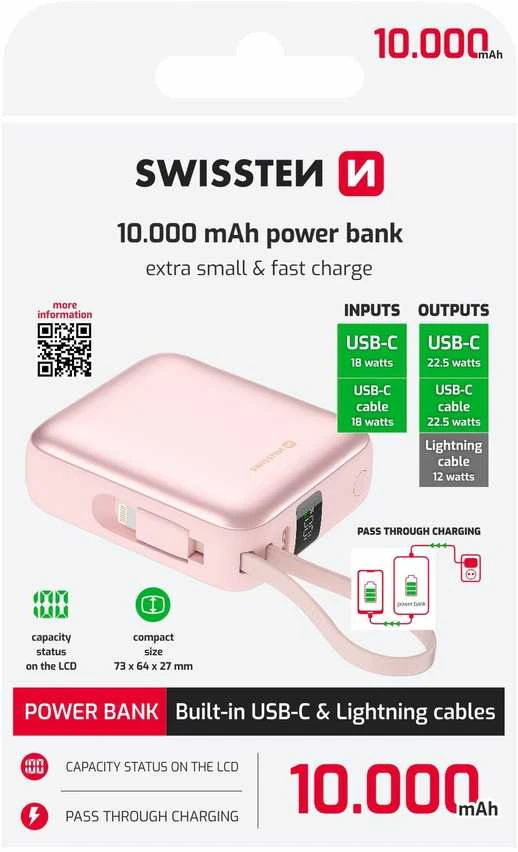 Powerbank Swissten SPACE 10000 mAh Rožinė