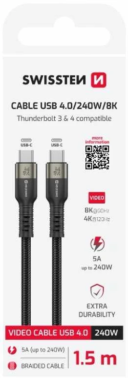 „Swissten TB3“ ir „TB4“ / USB 4.0 / 8K@60Hz / 40 Gb/s / 240 W USB-C duomenų ir vaizdo kabelis 1,5 m