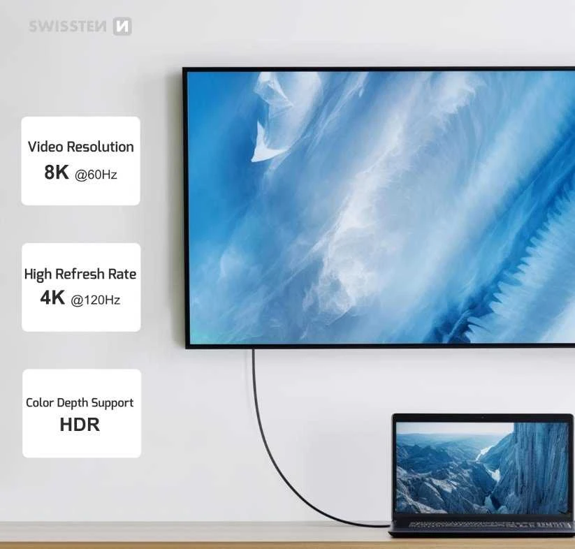 „Swissten TB3“ ir „TB4“ / USB 4.0 / 8K@60Hz / 40 Gb/s / 240 W USB-C duomenų ir vaizdo kabelis, 0,5 m