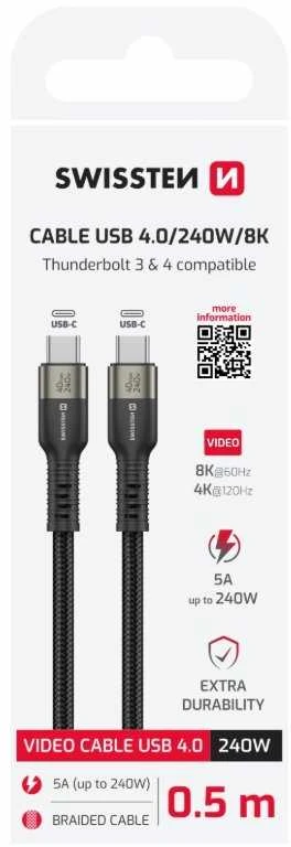 „Swissten TB3“ ir „TB4“ / USB 4.0 / 8K@60Hz / 40 Gb/s / 240 W USB-C duomenų ir vaizdo kabelis, 0,5 m