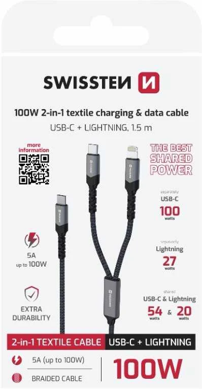 „Swissten Textile 2in1“ USB-C / apšvietimo laidas 100 W 1,5 m