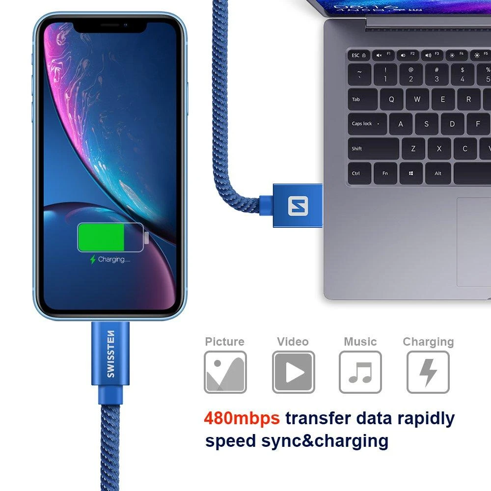 Swissten Textile Fast Charge 3A Lightning Data ir įkrovimo kabelis 1,2m