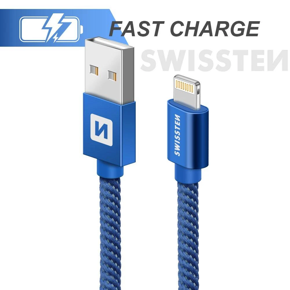 Swissten Textile Fast Charge 3A Lightning Data ir įkrovimo kabelis 1,2m