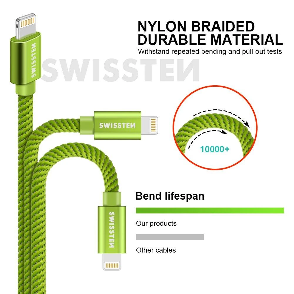 Swissten Textile Fast Charge 3A Lightning Data ir įkrovimo kabelis 1,2m