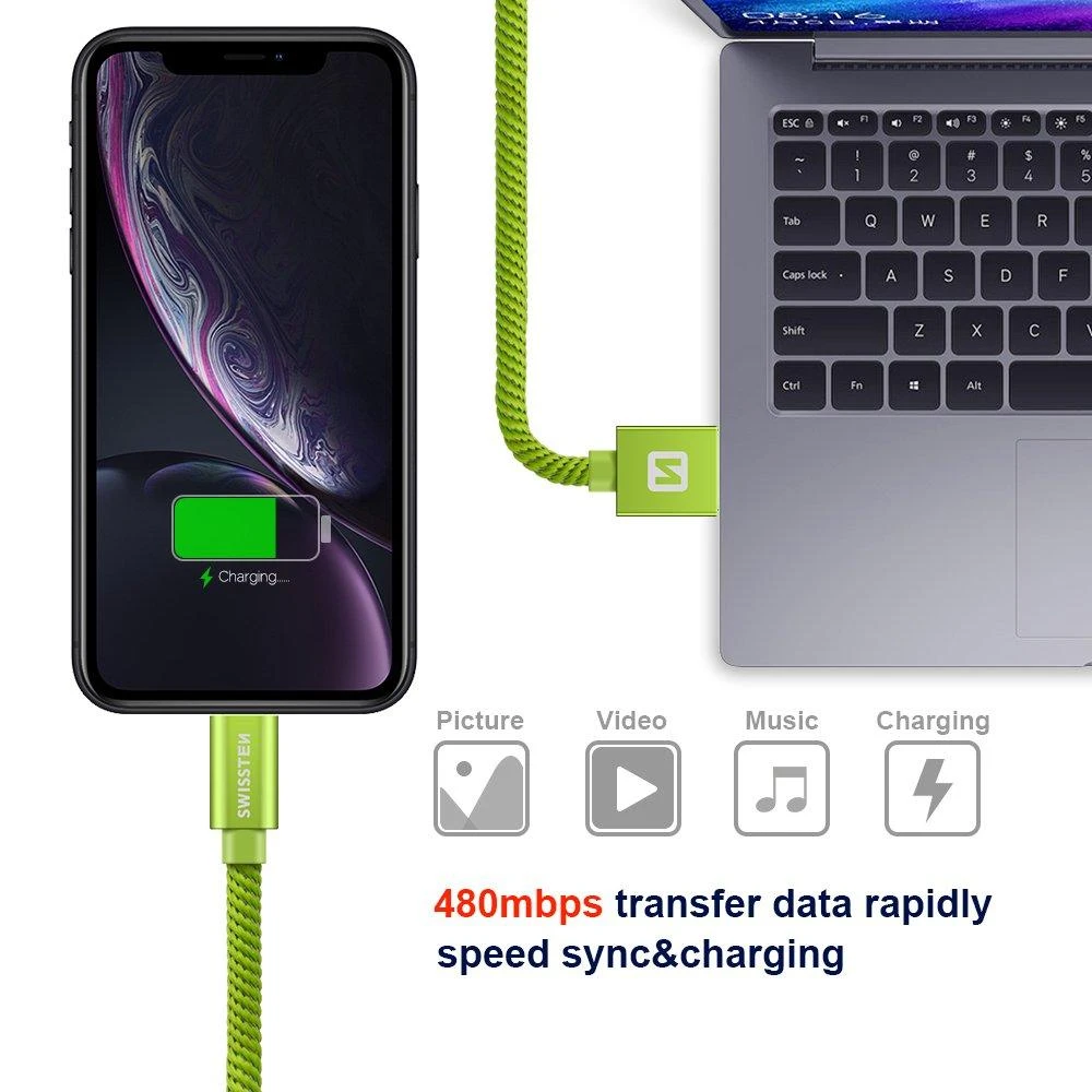 Swissten Textile Fast Charge 3A Lightning Data ir įkrovimo kabelis 1,2m