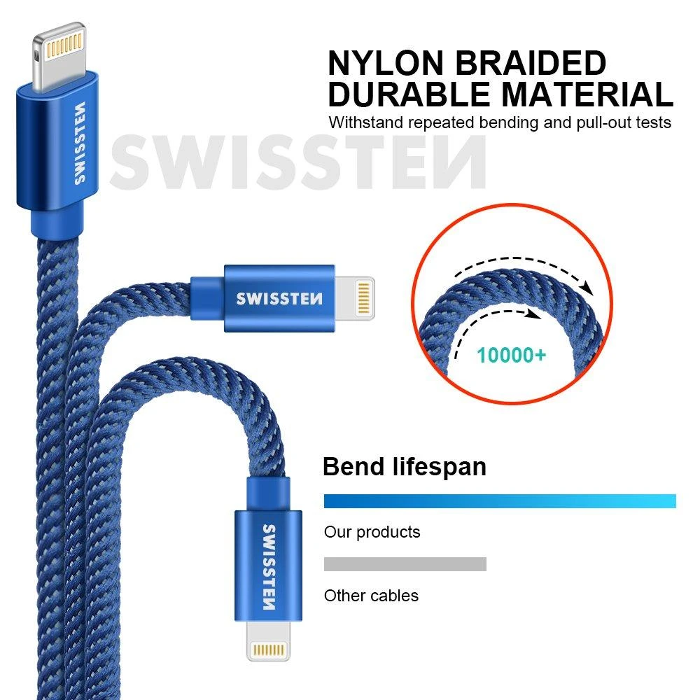 Swissten Textile Fast Charge 3A Lightning Data ir įkrovimo kabelis 1,2m