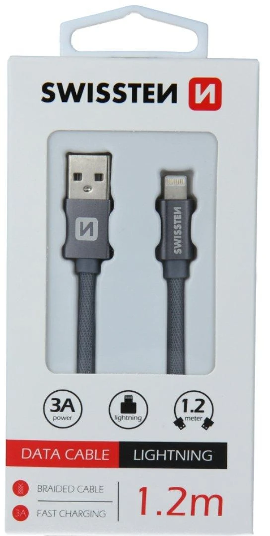 Swissten Textile Fast Charge 3A Lightning Data ir įkrovimo kabelis 1,2m