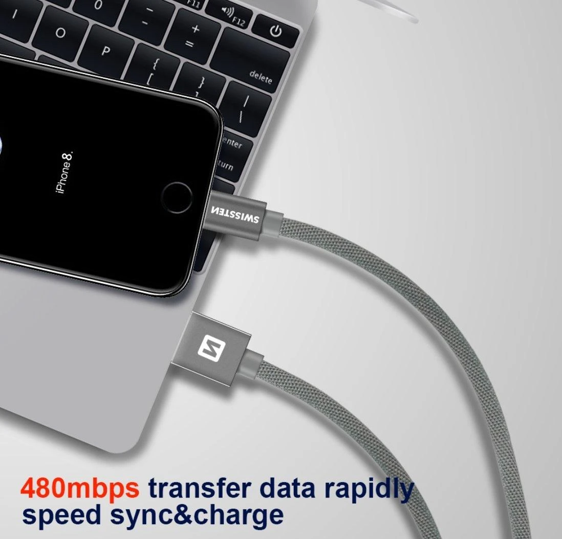 Swissten Textile Fast Charge 3A Lightning Data ir įkrovimo kabelis 2m